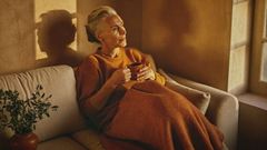 Woman in her 50s resting on a sofa after dinner with a mug of ginger tea in warm evening light