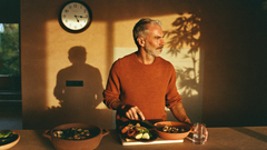 Man in his 60s getting dinner ready at a kitchen counter in warm evening light, with a clock on the wall behind him
