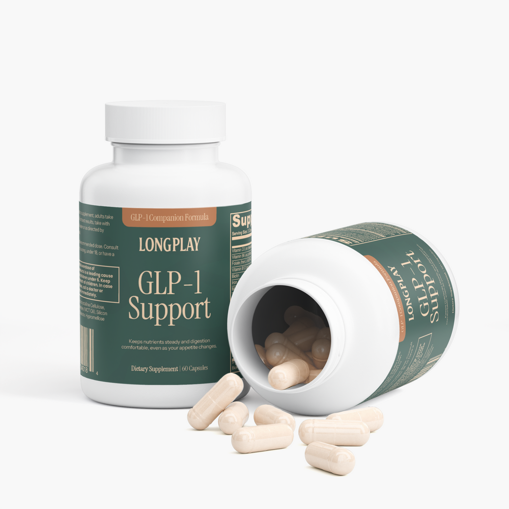 Open bottle of Longplay GLP-1 Support with vegetable capsules spilling out