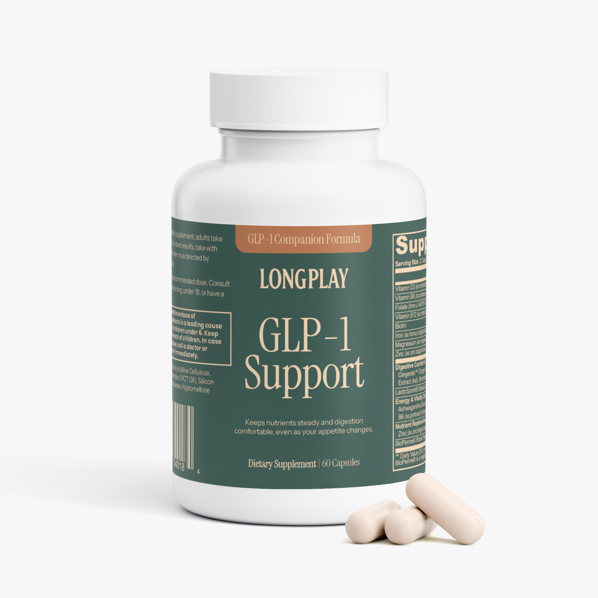 Longplay GLP-1 Support bottle with capsules, a once-daily companion formula