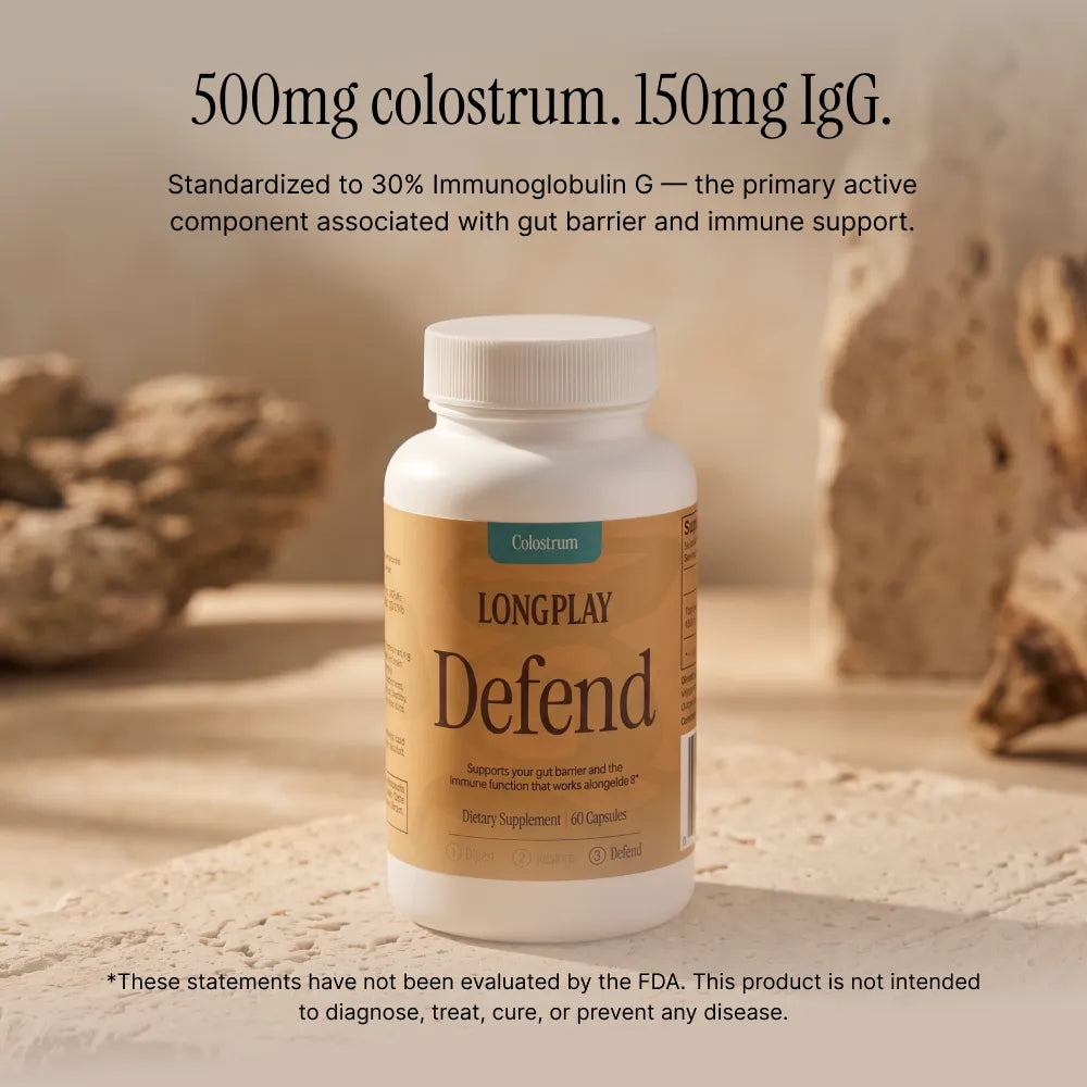 500mg bovine colostrum standardized to 30% IgG, equal to 150mg immunoglobulin G per capsule