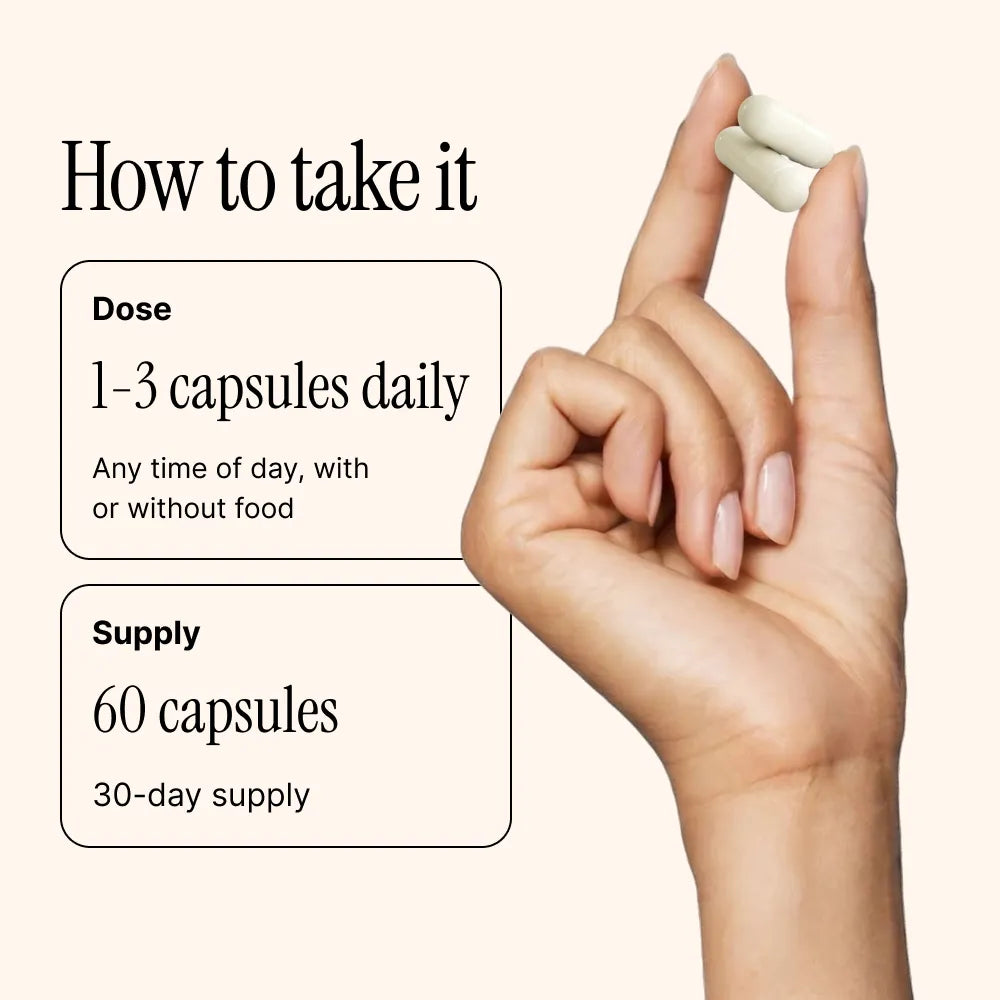Dosing graphic: one Defend colostrum capsule daily, with or without food
