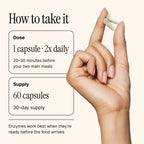 Dosing graphic: one Digest capsule 20 to 30 minutes before each of two main meals