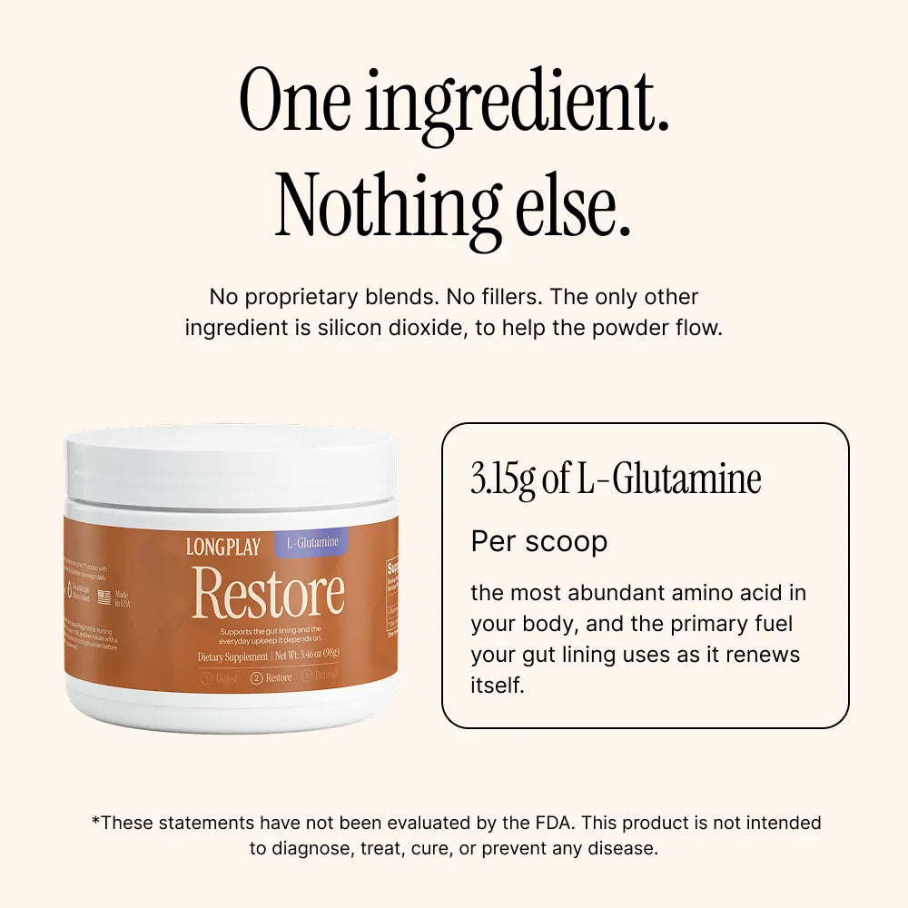 Dosing graphic: one scoop of Restore daily, mixed into water or a cold drink