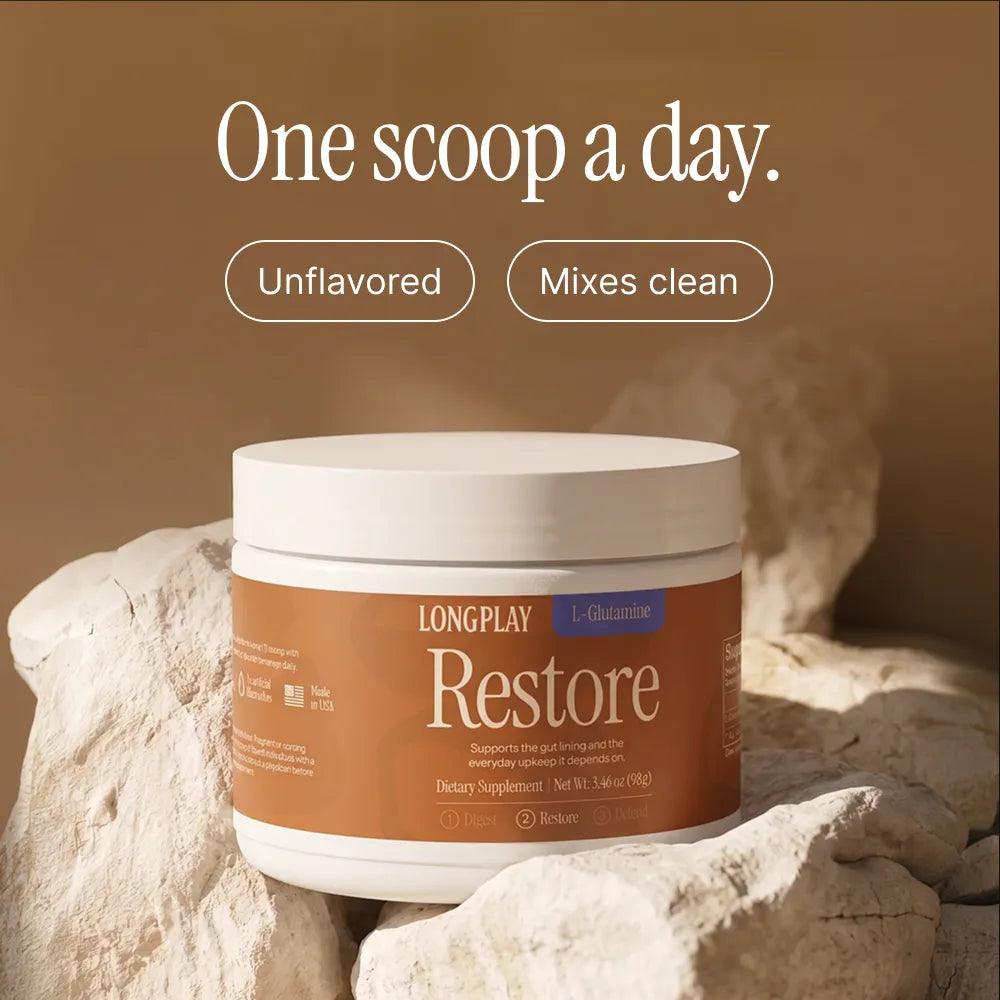 Longplay Restore l-glutamine powder that is unflavored and mixes clean