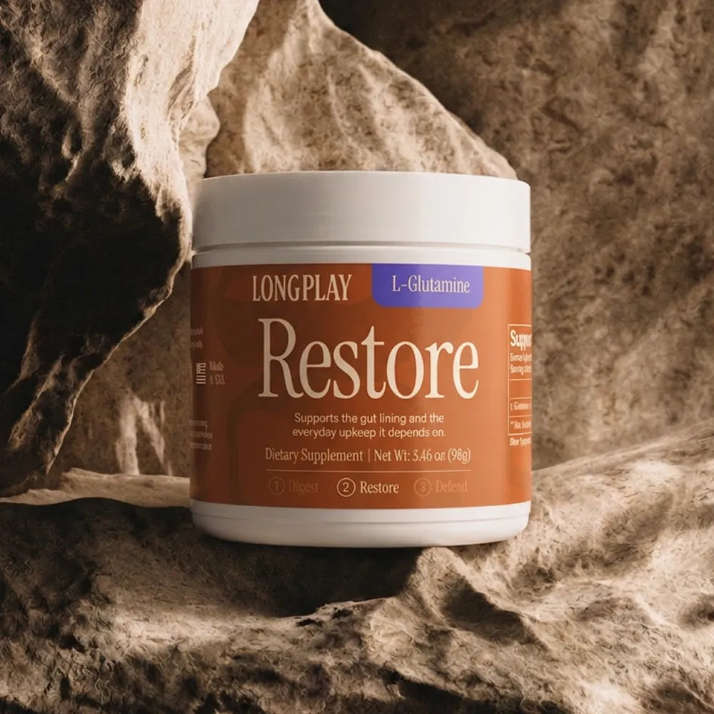 Longplay Groundwork Restore L-glutamine powder container, lifestyle photo