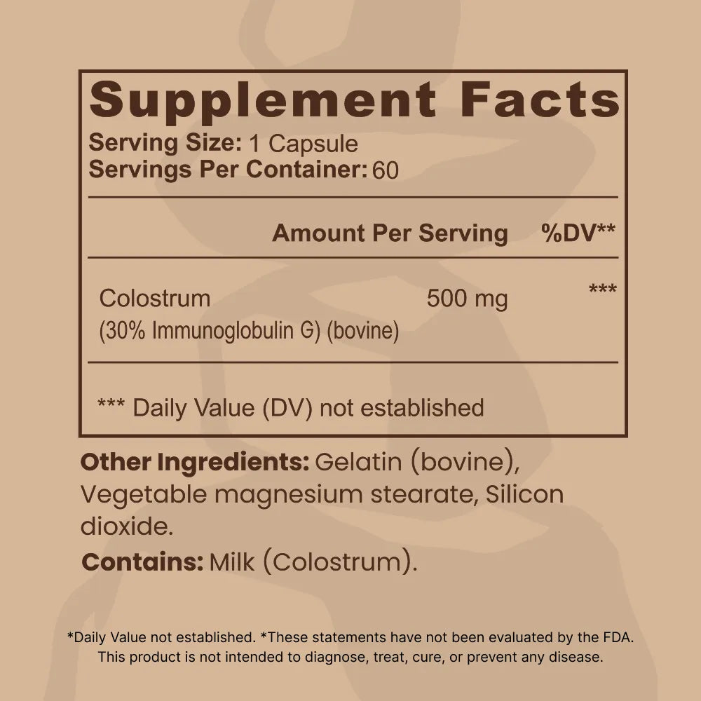 Supplement Facts panel for Longplay Defend bovine colostrum capsules