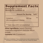 Supplement Facts panel for Longplay Defend bovine colostrum capsules