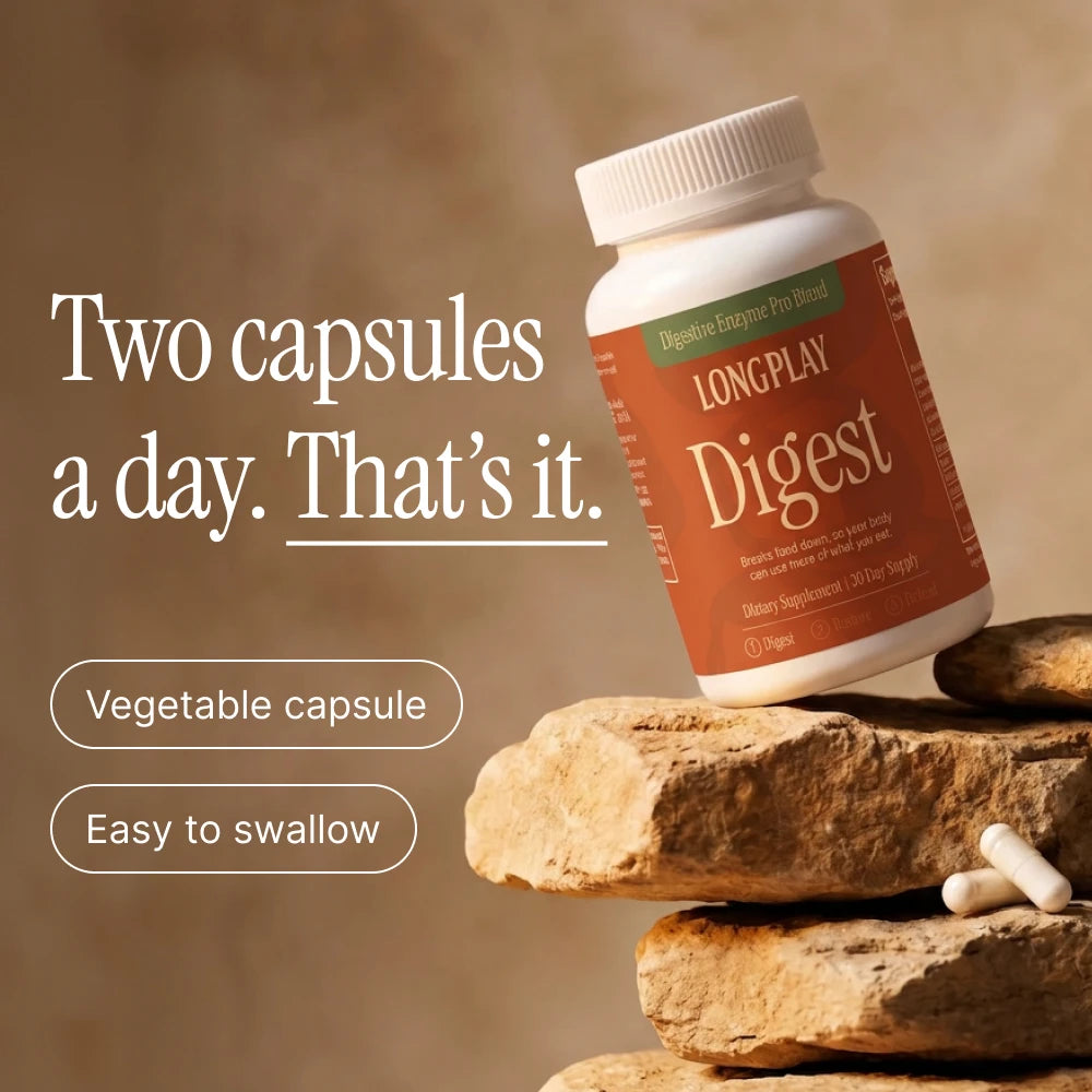 Longplay Digestive enzyme vegetable capsules for your twice daily routine for better digestion of meals
