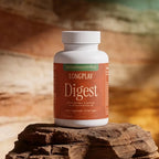 A bottle of Longplay Wellness Digestive Enzyme Capsules in a lifestyle environment