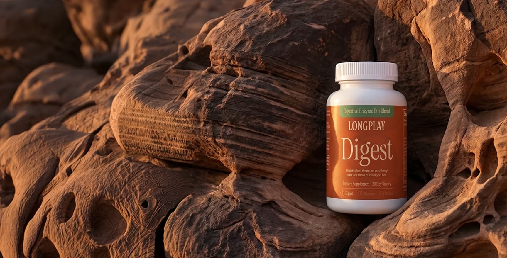 A white bottle of LongPlay Digest dietary supplement placed on textured brown rock formations in warm outdoor light.